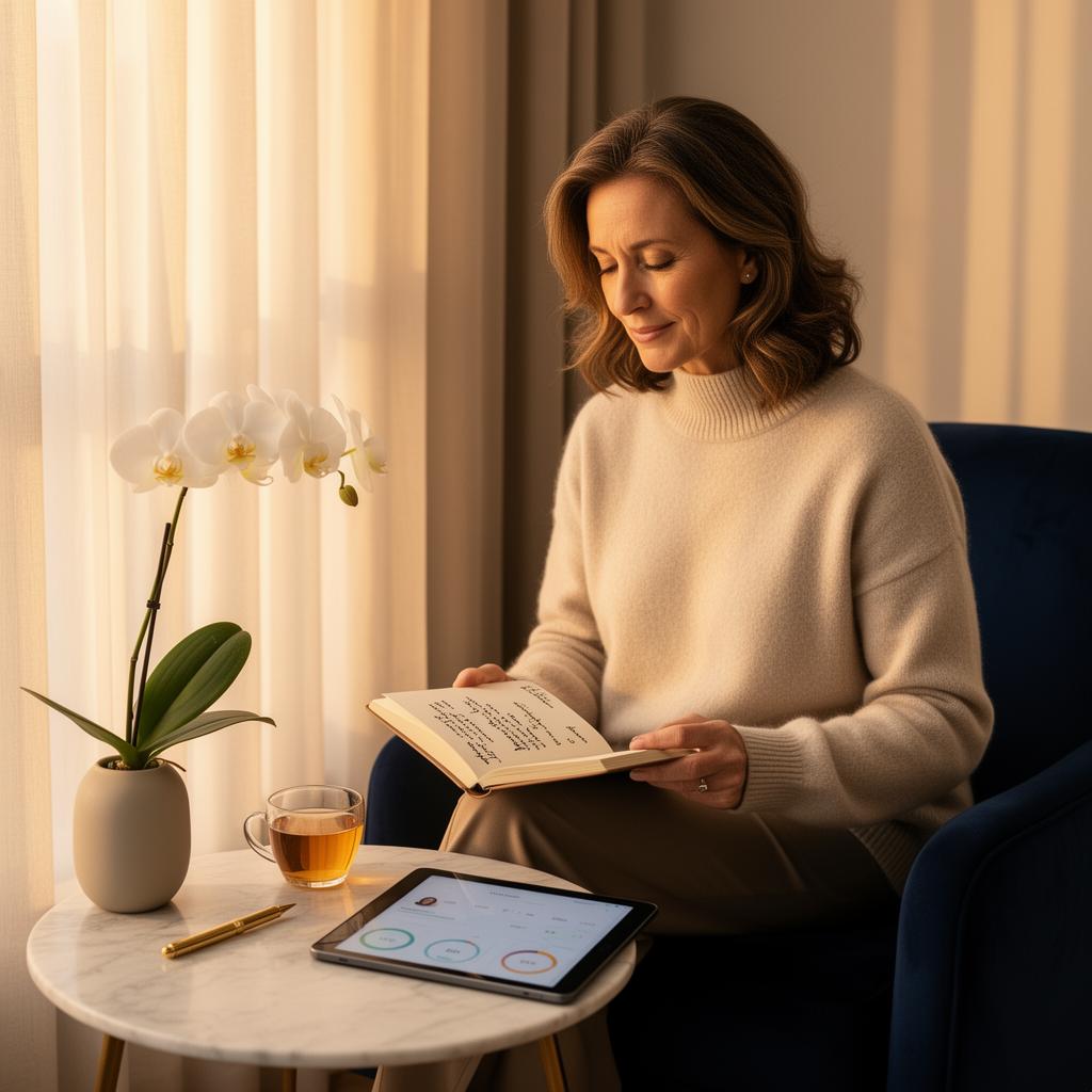 A thoughtful person reflecting on their wellness journey with a journal and precision health insights