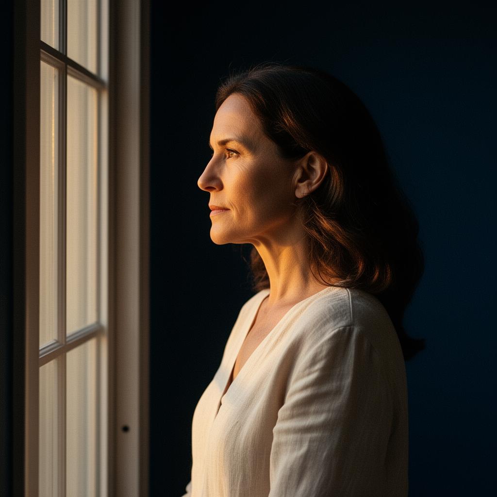 Woman in profile by a window, lit by warm directional light, contemplative