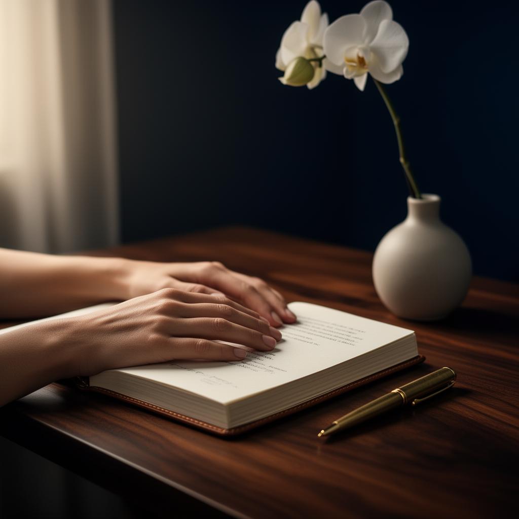 Editorial vignette of hands on a journal with an orchid and brass pen, suggesting thoughtful self-assessment and alignment